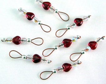 Ruby Red Heart Stitch Markers on Brick Red Wire - US 5 - Item No. 698