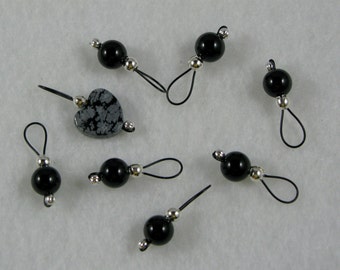 Gemstone Stitch Markers - Snowflake Obsidian and Black Onyx - US 10 - Item No. 949