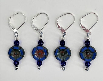 Czech Marbled Cobalt Hibiscus Removable Stitch Markers - Item No. 1342