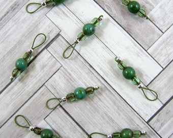 Green Czech and Light Green Cathedral Beads on Khaki Wire Stitch Markers - US 5 - Item No. 1069