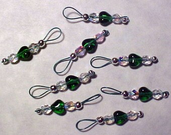 Emerald Green Heart Stitch Markers on Forest Green Wire - US 5 - Item No. 923