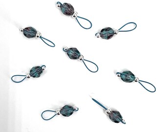 Aquamarine and Amethyst Czech Beads on Crater Lake Blue Wire Stitch Markers - US 5 - Item No. 1402