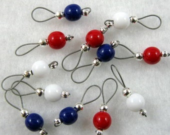 Knitting Stitch Markers - Red, White, and Blue - Set of 12 - US 10 - Item No. 795