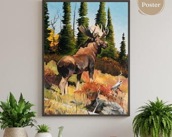 Woodland Animal, Moose Print, Wildlife Painting, Rustic Wall Decor, Cabin Wall Art Prints, Outdoorsy Gifts, Minnesota Artwork, Hunting Decor