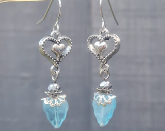 DELICATE HEART and Czech glass leaf pair of EARRINGS in silver and aqua tones