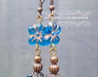 BOHO teal and copper drop EARRINGS with beautiful CZECH flower bead