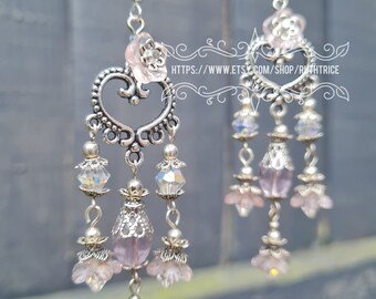 DELICATE pink glass and SILVER toned filigree CHANDELIER style earrings - one of a kind