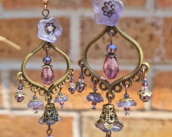 CHANDELIER style long drop ANTIQUE style earrings with Purple and Copper accents