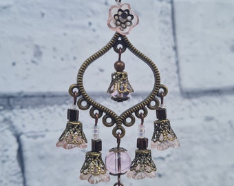 CHANDELIER style long drop ANTIQUE style earrings with Pale Pink and Copper accents