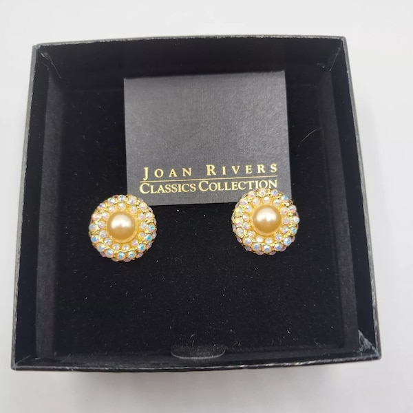 Vintage New Rare signed Joan Rivers Clip On Earrings Faux Pearl, Pink Rhinestone
