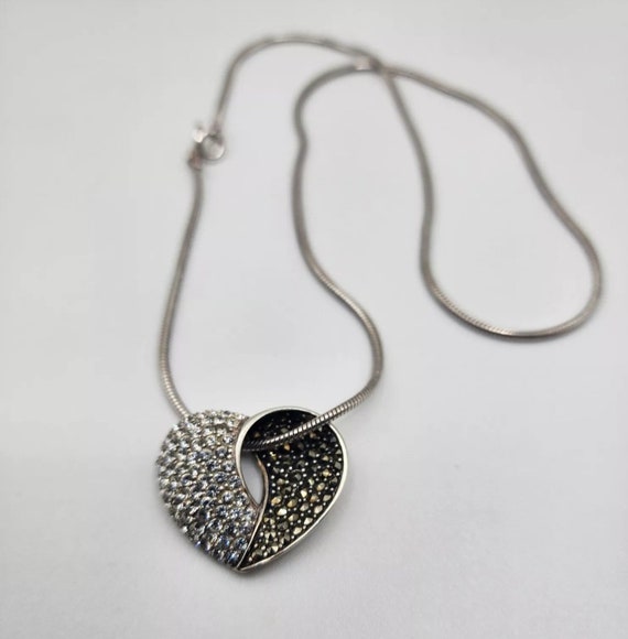 Sterling Silver CZ Marcasite Heart Pendant On Ste… - image 5