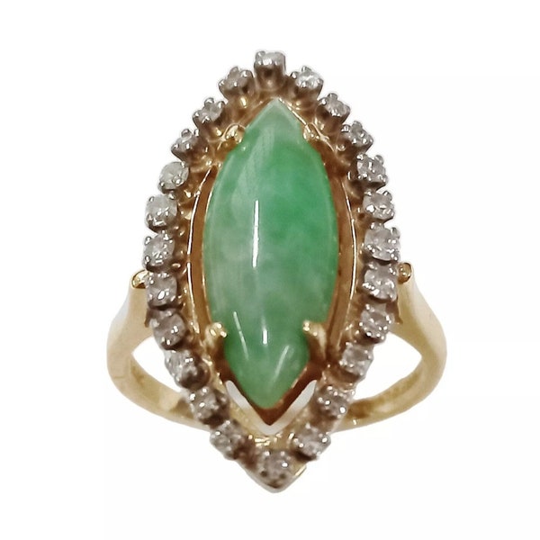 Jade Jadeite Green Diamond Halo 14K Yellow Gold Vintage Navette Cocktail Ring 7