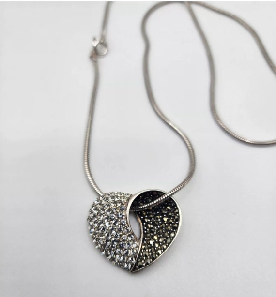 Sterling Silver CZ Marcasite Heart Pendant On Ste… - image 3