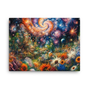 Surreal Cosmic Garden Canvas Art - Ethereal Flowers with Swirling Stars, Abstract Oil Painting, Mystical Wall Decor