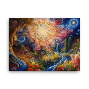 Celestial Garden Radiance Canvas Art - Vibrant Floral Wonderland and Psychedelic Cosmic Mandalas, Abstract Oil Painting, Unique Wall Decor
