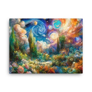Enchanted Galaxy Garden Art - Abstract Surreal Landscape Canvas, Swirling Colors and Starry Night, Mystical Wall Decor