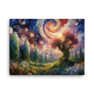 Enchanting Expressionist Oil Painting - Mystical Garden & Cosmic Swirls Canvas Art