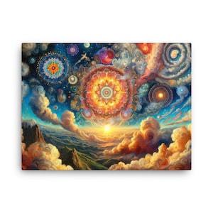 Vibrant Cosmic Mandala Stars Oil Painting on Canvas - Psychedelic Visual Art, Wall Decor