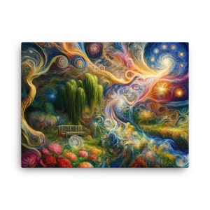 Psychedelic Garden Canvas Art - Dreamlike Nature and Cosmic Sky Stars, Abstract Oil Painting, Enchanting Wall Decor