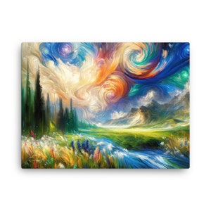 Surreal Landscape Canvas Art - Mystical Forest with Swirling Skies, Abstract Oil Painting, Ethereal Wall Decor