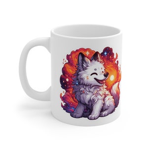 Cute Galactic White Wolf Mug | 11oz, Galaxy Mug, Wildlife Lover, Spiritual Animal Cup, Space Exploration, The Elite dog