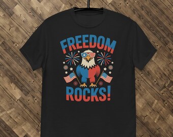 Freedom Rocks Eagle Graphic T-Shirt: Patriotic 4th of July USA Flag Shirt