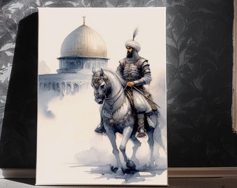 Saladin Al-Ayyoubi Watercolor Art - Conquest of Al-Quds- Historical Islamic Warrior- Dome of the Rock - Salahaddin Ayyubi Digital Art