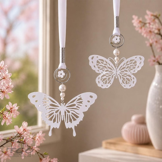 Fensterdeko hängend Schmetterling weiß mit Perlen Band handgemacht- 2er set-269223