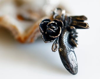 Snakes, crystals and flowers,  Sterling silver serpent necklace, Made to order