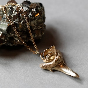 Shark tooth with rose, tribal brass pendant, shark tooth necklace, shark teeth jewelry, made to order