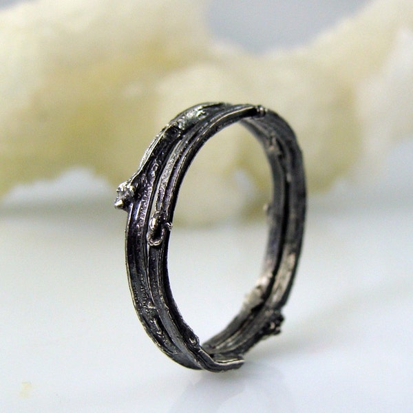 Spring twig ring, dark sterling silver size 8