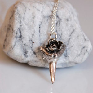 Shark tooth with rose, tribal sterling silver pendant, shark tooth necklace, shark teeth jewelry, cast shark tooth Made to order