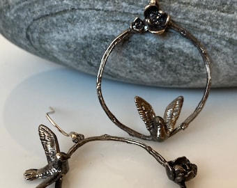 Bird, flower, and twig sterling earrings