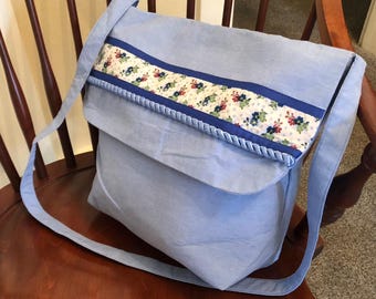 Handmade Chambray Messenger Bag: Floral Ribbon Detail