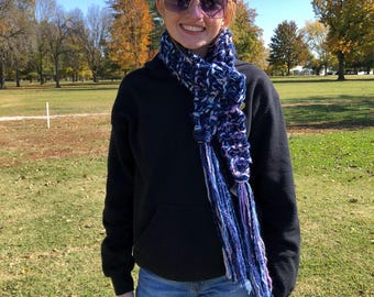 Handknitted Fringe Scarf: Blues & Pastels Soft Yarn
