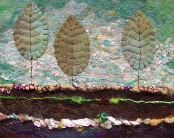 No.750 Three Leaves - Needlefelt Art XL - Wool painting - Fiber Art