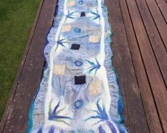 No.64 Nuno felted scarf - Blue and white on silk