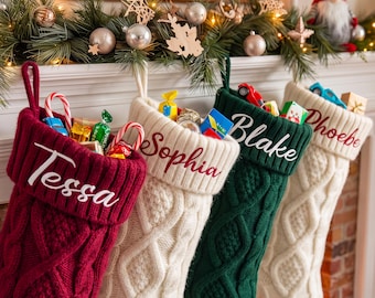 Personliga familjejulstrumpor, broderade stickade julstrumpor, hundbensstrumpor, julstrumpor, julklappar