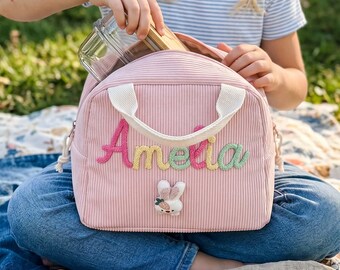 Borsa pranzo personalizzata per bambini, porta pranzo in velluto a coste fatto a mano con nome, regalo per il ritorno a scuola, borsa da picnic