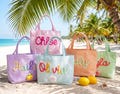 Personalized Kids Seersucker Tote Bag, Custom Name Beach Bag, Handbag for Girls Boys, Summer Camp Gift product logo