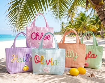 Gepersonaliseerde draagtas seersucker kinderen, strandtas met aangepaste naam, handtas voor meisjes jongens, strandfeest verjaardagscadeau kinderen, cadeau zomerkamp