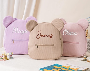 Personalized Bear Backpack With Name, Embroidered Corduroy Bag for Toddler, Kids School Bag, Children Gift