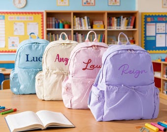 Zaino personalizzato per bambini con nome, zaino con nome ricamato e fiocco, zaino per bambini piccoli, borsa scolastica personalizzata, zaino per bambini, regalo per bambini