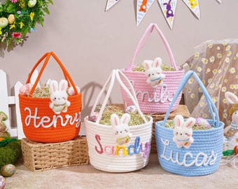 Spersonalizowany koszyk wielkanocny z imieniem, spersonalizowany koszyk z sznurka w kształcie króliczka, prezent wielkanocny dla dzieci, pierwsza Wielkanoc dla dziecka, koszyk na poszukiwanie jajek wielkanocnych, prezent na baby shower