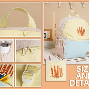 May include: A multi-coloured backpack with a yellow top, light blue bottom, and peach-coloured sides. The backpack is 28cm wide, 34cm tall, and 15cm deep. It features the embroidered letters "AMB" in orange.