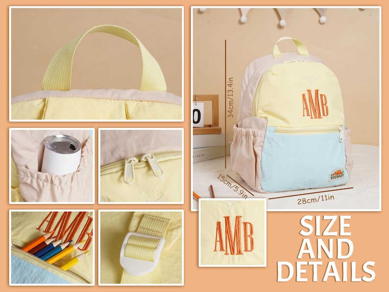May include: A multi-coloured backpack with a yellow top, light blue bottom, and peach-coloured sides. The backpack is 28cm wide, 34cm tall, and 15cm deep. It features the embroidered letters "AMB" in orange.