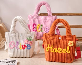 Borsa a tracolla personalizzata per bambina, borsetta in velluto a coste fatta a mano con nome, borsetta per bambini, regalo per il ritorno a scuola