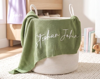 Embroidered Knit Baby Blanket, Custom Baby Name Blanket, Cotton Blanket, Baby Shower Gift, Newborn Blanket