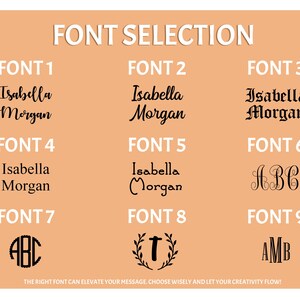 May include: A peach-coloured graphic displaying font options. The text "FONT SELECTION" is at the top. Nine different fonts are shown, each with the names "Isabella Morgan". The text "THE RIGHT FONT CAN ELEVATE YOUR MESSAGE. CHOOSE WISELY AND LET YOUR CREATIVITY FLOW!" is at the bottom.