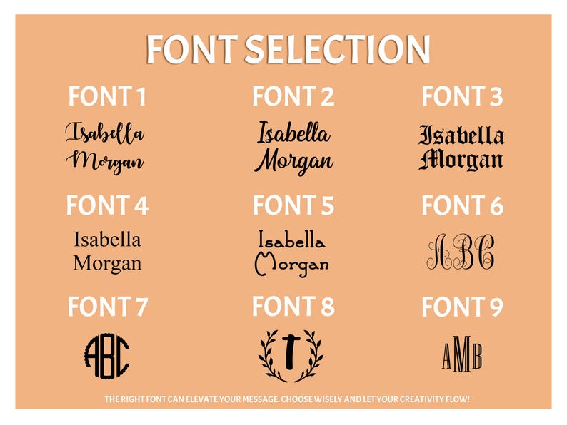 May include: A peach-coloured graphic displaying font options. The text "FONT SELECTION" is at the top. Nine different fonts are shown, each with the names "Isabella Morgan". The text "THE RIGHT FONT CAN ELEVATE YOUR MESSAGE. CHOOSE WISELY AND LET YOUR CREATIVITY FLOW!" is at the bottom.